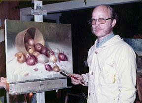 [photo of Vernon Kerr with painting, 1980]
